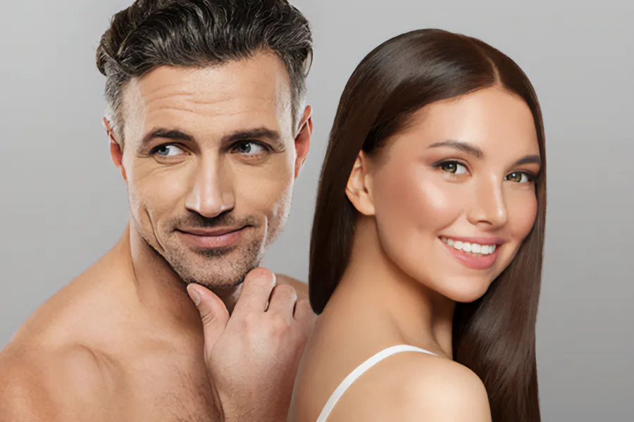 A handsome man and beautiful brunette woman stand against a gray background showing their smooth beautiful skin resulting from aesthetic and cosmetic care from Tanya Zboril, NP of TBT Medical in Kitchener-Waterloo.