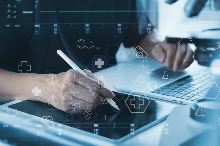 Close-up of a medical professional using a laptop and tablet, with illustrated medical symbols overlayed on the image, symbolizing health conditions treated by Tanya Zboril, NP of TBT Medical in Kitchener-Waterloo.