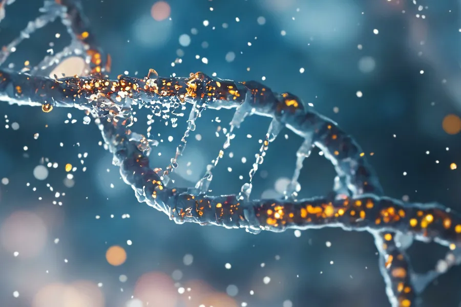 Regenerative-Medicine-Clinic 3D illustration of a a DNA strand in sparkling golds and blues. Get Regenerative Medicine treatment from Tanya Zboril, NP of TBT Medical in Kitchener-Waterloo.